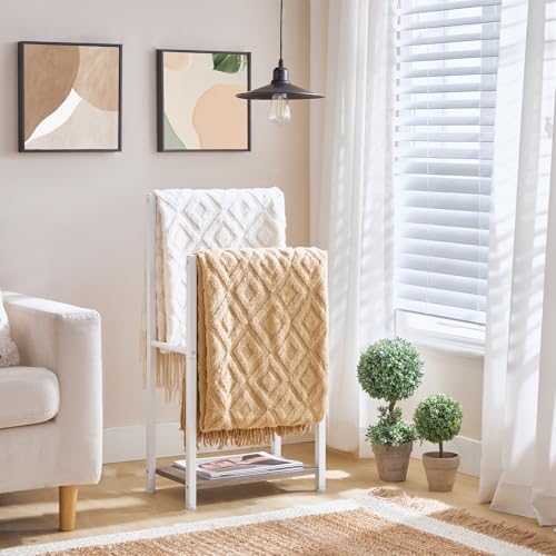 HOOBRO Free Standing Towel Rack for Bathroom, 2 Tier Blanket Rack, 16.5" L x 9.4" W x 31.5" H, Blanket Holder, Drying and Display Rack with Shelf, White and Grey WG02LB01 - color: White + Grey, size: 16.5"L x 9.4"W x 31.5"H