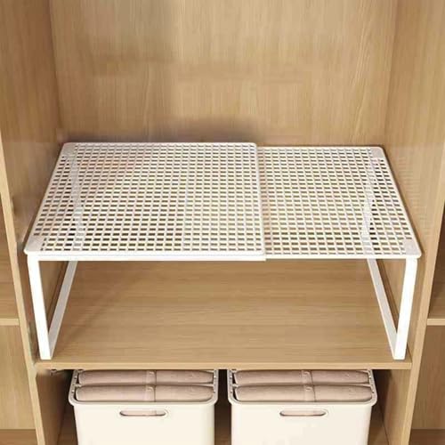 Expandable Stackable Cabinet Organizer - Adjustable Storage Shelf Rack for Kitchen, Bathroom, Pantry, and Office Space Saving - color: White