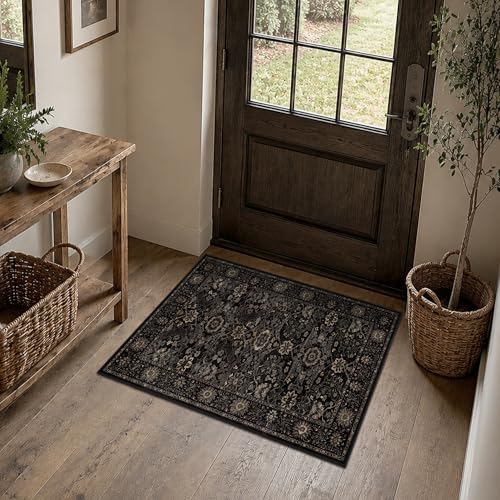 2x3 Entryway Rug Black Gold Washable Rugs for Entryway Kitchen | Low Pile Soft Non-Slip Door Mat Traditional Distressed Small Carpet for Kitchen Entrance Bathroom - color: Black Gold, size: 2'*3'(Rectangular)