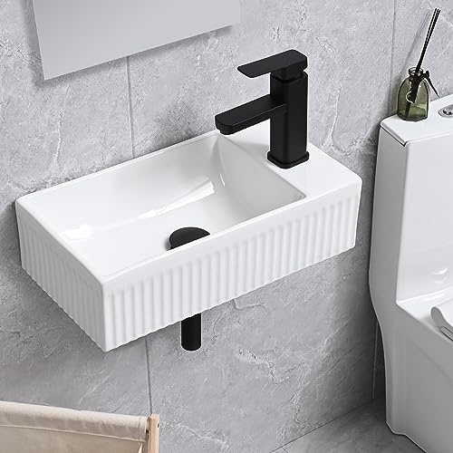 Bathroom Vessel Sink Wall Mount Sink White Wall Mounted Rectangular White Porcelain Ceramic Washing Small Bathroom Vanity Sink with Faucet and Drain - color: White 2