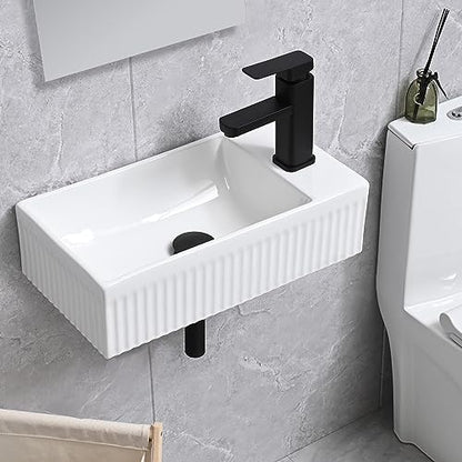 Bathroom Vessel Sink Wall Mount Sink White Wall Mounted Rectangular White Porcelain Ceramic Washing Small Bathroom Vanity Sink with Faucet and Drain - color: White 2