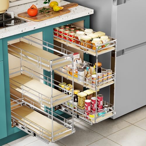 Pull Out Spice Rack Cabinet Organizer 7" W x 20½" D, 3 Tier Heavy Duty Slide Out Wood Shelf for Narrow Cabinet, Pull Out Storage for Kitchen - size: 7" W x 20½" D