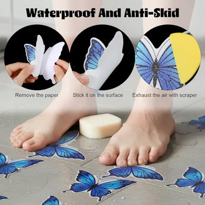 20 PCS Butterfly Non Slip Bathtub Stickers, Adhesive Anti Slip | Decal Treads for Shower & Bath Tub with Scraper for Safety Bathroom Tubs, Shower Floor, Stairs(Blue)