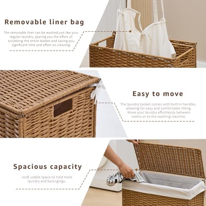Slim Wicker Laundry Hamper with Lid, 75L Handwoven Rattan Basket with Handles, Narrow Laundry Basket with Removable Liner Bag & 2 Mesh Bags - color: Rattan with Lid, size: 75L