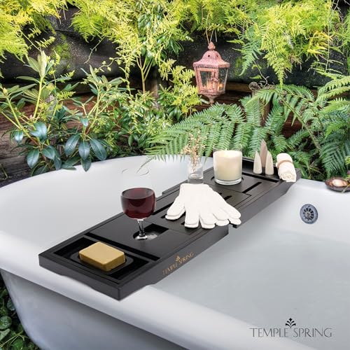 Bamboo Bathtub Tray Caddy for Tub — Expandable Wood Bath Tray with Solid Book Stand Wine Holder and Non-Slip Pads — Includes Bamboo Soap Dish and Spa Accessories — Luxury Bath Gift Set - color: Black