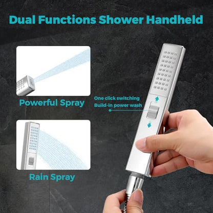 Rain Shower Head, 12 * 8 Inch Rectangular Shower Head with Handheld Spray, Rainfall Dual Showerhead Set with Adjustable Slide Bar, 77" Hose, Curved Extension Arm, Chrome, 1.8 GPM, DOE & CEC Certified
