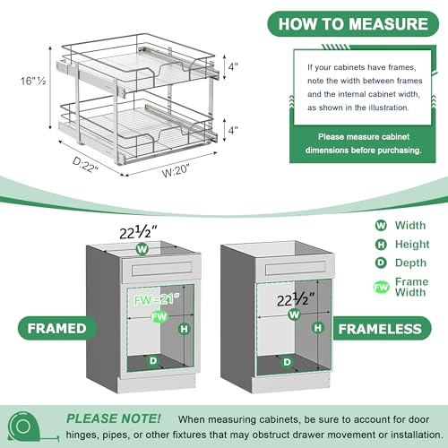2-Tier Pull Out Cabinet Organizer (20" W x 22" D) | Soft Close Cabinet Slide Out Shelves, Heavy Duty Slide Out Drawers with Shelf Liner for Kitchen Cabinets, Pantry, Bathroom - size: 20"W x 22''D