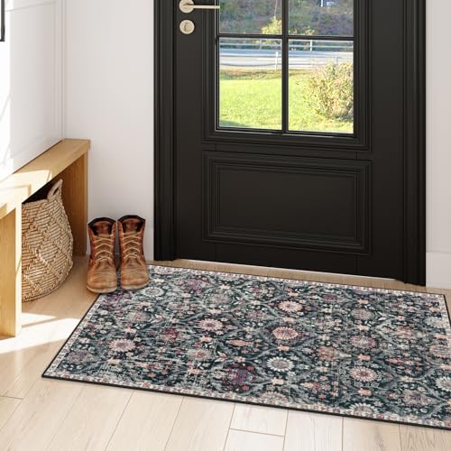 Lahome Kitchen Rugs Non Slip Washable Rugs for Entryway, Black 2x4 Rug | Non-Slip Moroccan Trellis Ultra-Thin Indoor Door Mat Small Carpet for Bathroom Bedroom Entry Elise, Black/Multi - color: Charcoal Black/Blush, size: 2' X 4' (Rectangular)