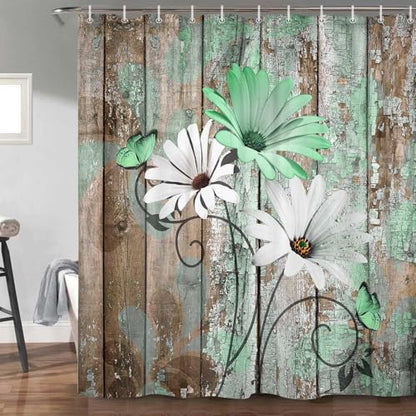 JAWO Farmhouse Flower Floral Shower Curtain, Rustic Green Daisy Shower Curtain Set, Country Green Wild Garden Plant Fabric Shower Curtain with Hooks, Brown Wooden Board Bathroom Curtain, 36x70inch - color: Daisy-green, size: 36"W x 70"L (Pack of 1)
