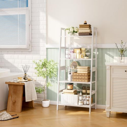 HITNET Ladder Shelf, 4 Tier Bookshelf, Floor Standing Bathroom Storage Rack with Bamboo Frame, Home Office Open Display Bookcase, White - color: White