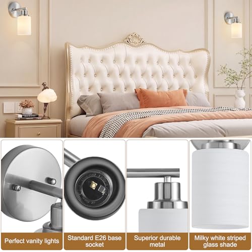 2-Pack 1-Light Vanity Lights, Brushed Nickel Bathroom Light Fixture with Textured Milky White Glass Shade, E26 Modern Vanity Lighting Fixture for Bathroom Wall Sconce - color: Nickel, size: 4.7 Inch : 1-Light