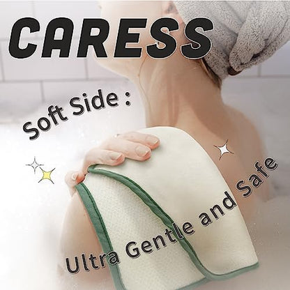 myHomeBody Dual Side Exfoliating Washcloth, White with Green Edge, Set of 5 | Exfoliating Bath Cloth, With Soft and Scrubbing Side, Body Exfoliation Scrubber for Bath and Shower, Durable Construction