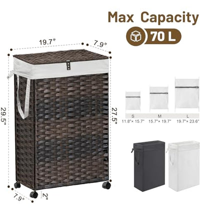 70L Slim Laundry Hamper with Lid & Wheels, Rolling Laundry Basket with 2 Removable Liner Bags & 3 Mesh Bags, Narrow Dirty Clothes Basket, Foldable Handwoven Rattan Laundry Sorter, Brown - color: Brown