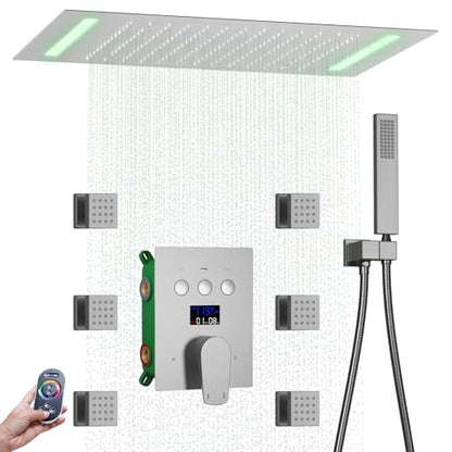Bathroom Shower System Ceiling 14x20 Inch Shower Head, Spray With Handle, 6 PCS Body Jet And Handheld, Temperature Display Shower Faucet Set (Brushed Nickel) - color: Brushed Nickel