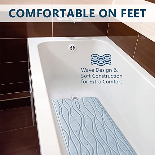 ComfiLife Bath Mat for Bathroom Tub and Shower – Non Slip Extra Large Bathtub Mat with Drain Holes & Suction Cups – Machine Washable Rubber Mats to Keep Bathtub Clean (Light Blue, Wave 16" x 40")