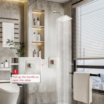 Heyalan 8-Inch Square Rain Shower Faucet Set with Valve, Brushed Nickel | SUS304 stainless steel shower head, male NPT 1/2-inch valve, single-handle control, adjustable angle, 1.8 GPM - color: Nickel