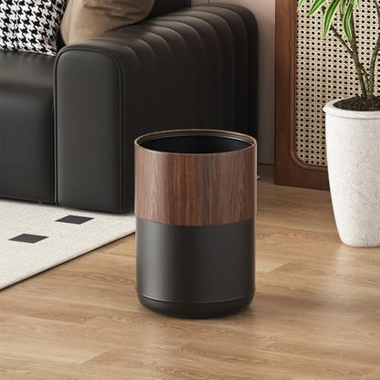 3.1Gal Modern Walnut Trash Can,Open-Top Bathroom Trash Bin | Double Layer;Metal Waste Bin;Built-In Bag Holder;for Bathroom,Home,Office,Living Room - color: 3.1gal round