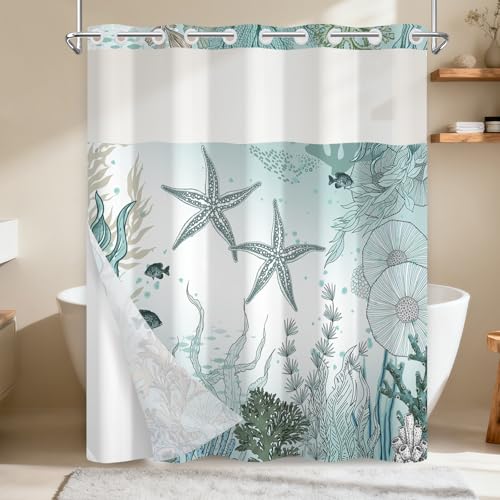 No Hook Shower Curtain with Snap in Liner, Waterproof Ocean Shower Curtain with Sheer Top Window and Weighted Hem, Coastal Underwater Starfish Design Bathroom Shower Curtains, 71" W x 74" L - color: Undersea Starfish