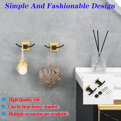 GERZWY Bathroom Double Coat Hook 2 Pack Stainless Steel Towel Hook Wall Mounted Clothes Hook for Bath Kitchen Black & Gold