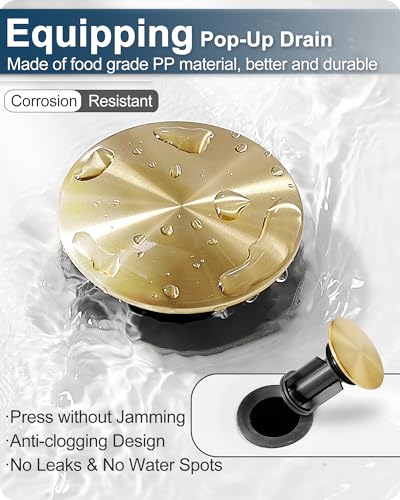 Waterfall Faucet, Brass Gold Bathroom Faucet 1 Hole, 1 Handle Bathroom Faucets for Sink 3 Hole (4 Inch) with Pop-up Drain, Hoses & Deck Plate - color: Brushed Gold-Noble