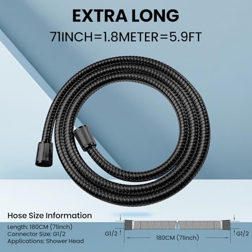 Shower Hose 71 Inches Stainless Steel Extra Long Handheld Shower head Hose Flexible and Durable with Brass Insert and Nut (Black)