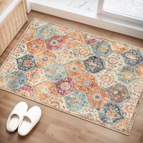 Lahome Moroccan Trellis Washable Rug, 2x3 Kitchen Rugs for Entryway Bathroom, Non-Slip Indoor Door Mat Ultra-Thin, Small Oriental Throw Carpet for Bedroom Entry Elise, Cream/Multi - color: Burnt Orange/Teal Multi, size: 2' X 3' (Rectangular)