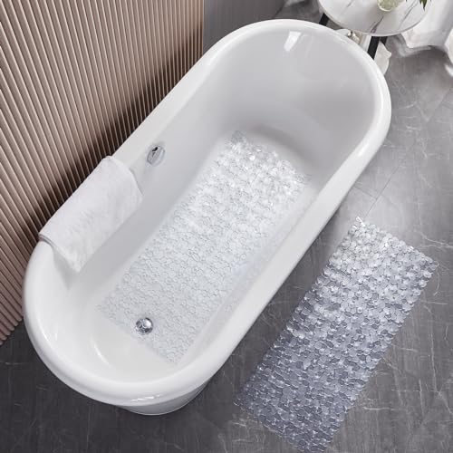 Webos Bath Shower Mat Non Slip: Extra Large Pebble Bathtub mat for Families, Anti Slip Shower Matt with Drain Holes Suction Cups Tub Mat - 16 X 40 Inch Clear - color: Pebble Clear