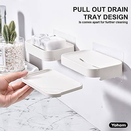 YOHOM 2PCS Adhesive Soap Dish with Drain Tray White Shower Bar Soap Holder Wall Mounted Bathroom Hanging Soap Tray Holder for Tub Plastic - color: Adhesive Soap Dish White