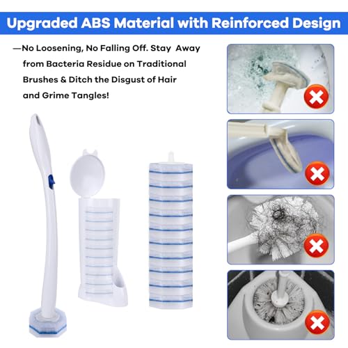 Disposable Toilet Brush and Holder Set with 50 Thickened Refills | Heavy-duty Design, Thick Cleaning Layer, Won't Fall Apart, Large Opening Storage Caddy, Long Handle, Home & Commercial Use