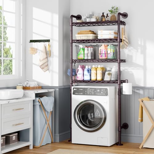 K3 Wall Mounted 4-Tier Over the Toilet Storage，Metal Above Toilet Storage with Paper Hook,Over Toilet Bathroom Organizer with Adjustable Shelf，Above Toilet Rack 9.7"Dx 25.6"Wx 74.3"H,Espresso