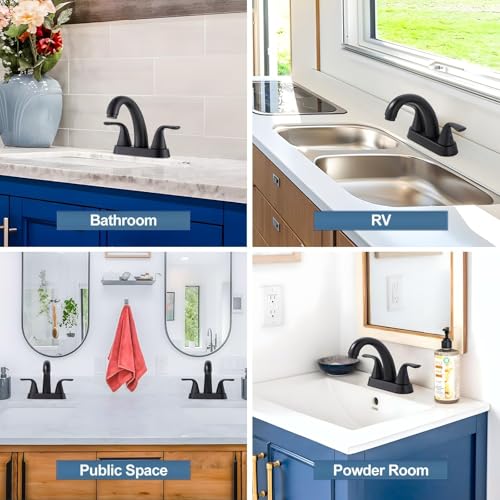 Black Bathroom Sink Faucet, 4 Inch Centerset Bathroom Faucet | ALEASHA 2 Handles Vanity Faucet with Pop Up Drain Stopper, RV Lavatory Vanity Faucets with Aesthetic Appeal - color: Matte Black