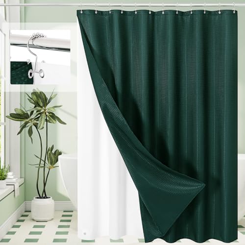3 in 1 Dark Green Shower Curtain Set with PEVA Liner & 12 Hooks, 72 x 78 | Fabric shower curtain, modern hotel style, contemporary bathroom decor, extended shower space - color: Dark Green, size: 72"W x 78"L (Pack of 1)