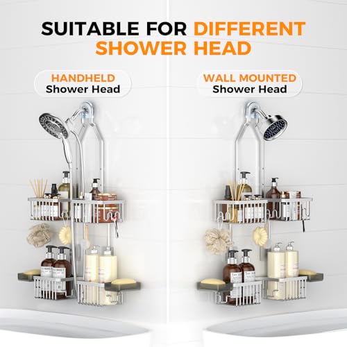 Adjustable Aluminum Shower Caddy Hanging for Handheld Showerhead, Silver | Rustproof Aluminum, Shower Organizer, Anti-Slip, Quick-Drain Shelf, 40lbs Capacity, Suction Cups, 8 Hooks, Razor Soap Holders - color: Silver