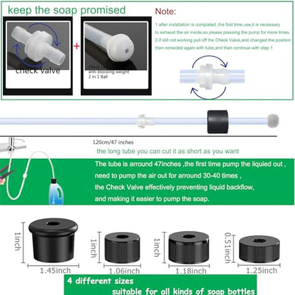 Under Sink Soap Dispenser Extension Tube Kit – 47" Hose with Check Valve & Weighted Ball – Connect Sink Dispenser to Large Dish Soap Bottle – No More Refills – Includes 4 Universal Bottle Caps