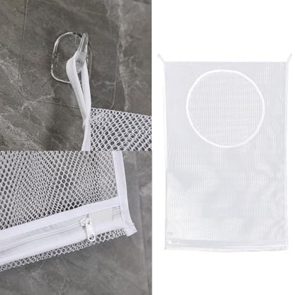 Hanging Laundry Hamper Bag with Adhesive Hooks Large Portable Mesh Laundry Bag Organizer for Dirty Clothes Storage RV Trailer Door Camper Camping Caravan Small Space Bathroom