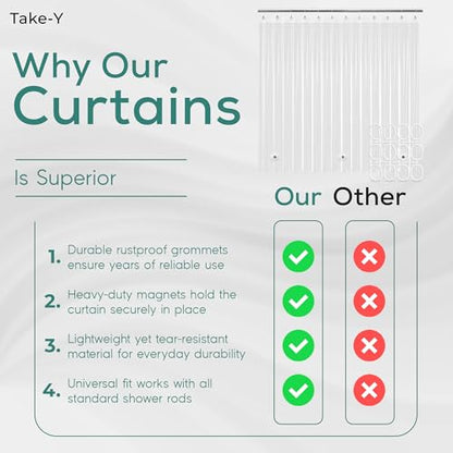Clear Shower Curtain Liner, Premium PEVA, 72"x72", Waterproof with Rustproof Grommets, Weighted, Quick Dry, Modern Style, 12 Hooks Included, Lightweight Standard Size,Odorless Plastic