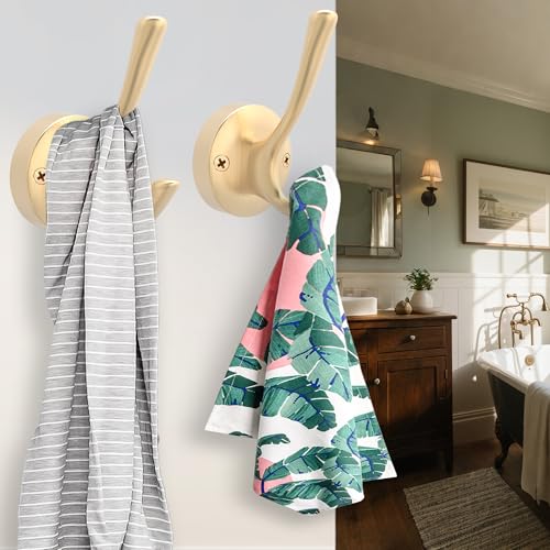 TOFIIGREM Gold Wall Hooks, 6 Pack Coat Robe Hook Heavy Duty Metal Double Bath Hook Wall Mounted, Hand Towel Hooks for Cubicle Bathroom Kitchen Closet Garage - color: Gold, size: 6 Pack