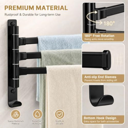 2-5 Arms Swivel Towel Rack Bath Towel Holder with Hook Swing Arm Towel Rack Wall Mount for Bathroom Kitchen-Black 3Arm - color: Black, size: 3-arm