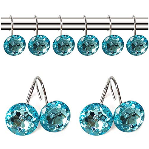 12 Pcs Bling Rhinestones Shower Curtain Hooks Bathroom Rolling Hooks - color: Blue Green