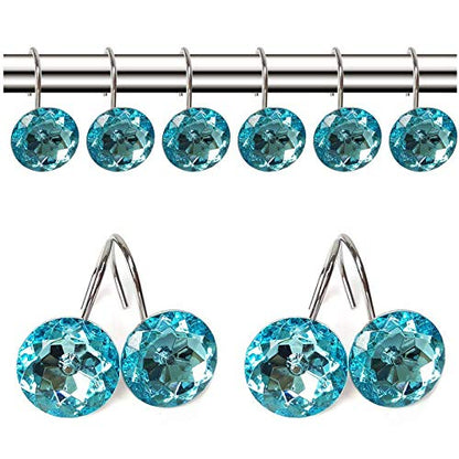 12 Pcs Bling Rhinestones Shower Curtain Hooks Bathroom Rolling Hooks - color: Blue Green