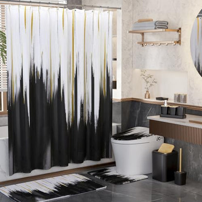 XLHOMO Black Bathroom Accessories Set - 24PCS Bathroom Sets with Shower Curtain and Rugs,Waterproof Black and White Shower Curtain Set, Toilet Brush, Trash Can & Soap Dispenser - size: Bath Set+Shower Curtain+Bath Rugs, style: Black2