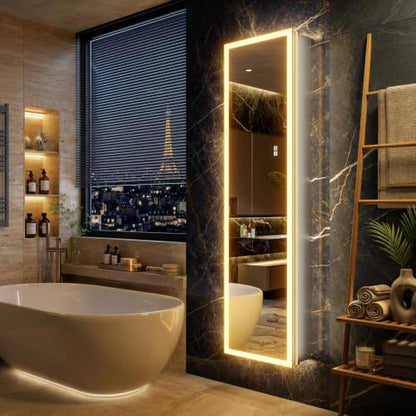 Surface or Recessed Backlit Medicine Cabinet Mirror 16x60 Inch Tall, Pre-Assembled Lighted Medicine Cabinet with 155° Soft-Close Hinge, Dimmable LED Mirror Cabinet with Outlet & Inner Light - size: 16x60'' (Left Hinge)