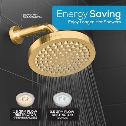 SparkPod Rain Shower Head, 6 Inch Round, Egyptian Gold Finish | High Pressure Shower Heads, 90 Nozzles, Adjustable Showerhead, No Tools Needed, Universal Connection - color: Egyptian Gold, style: 6 Inch Round
