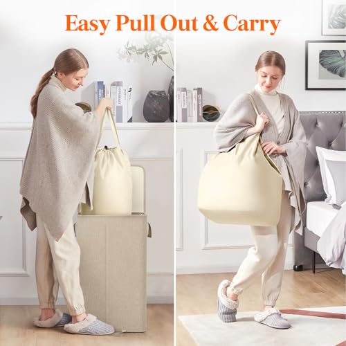 Lifewit Single Laundry Hamper with Lid and Removable Laundry Bags, Large Collapsible 1 Dividers Dirty Clothes Basket with Handles for Bedroom Laundry Room Closet Bathroom College, 100L Beige - color: Beige, size: 100L