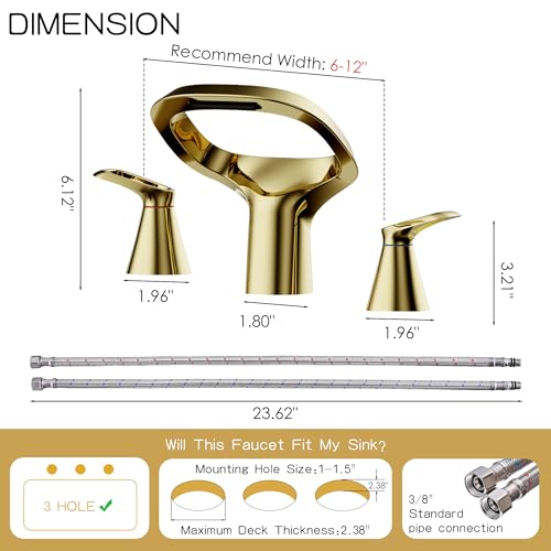 Gold Bathroom Faucet 3 Hole, 8 Inch Widespread Gold Faucets 2-Handle for Bathroom Vanity Sink with Adjustable Spout, with Supply Line, for 6 to 12 in Sink - color: Bright Gold, style: Modern
