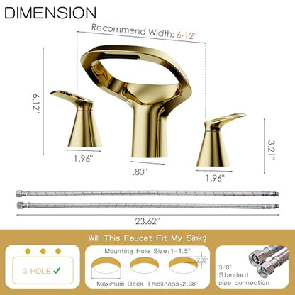 Gold Bathroom Faucet 3 Hole, 8 Inch Widespread Gold Faucets 2-Handle for Bathroom Vanity Sink with Adjustable Spout, with Supply Line, for 6 to 12 in Sink - color: Bright Gold, style: Modern