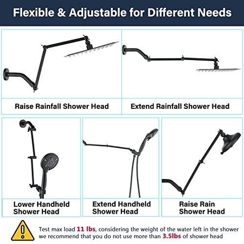 PDPBath Shower Extension Arm, 16" Upgrade Solid Brass Shower Head Shower Head Extender, Adjustable Height Extended with G1/2 Universal Connection for Rain & Handheld Shower Head Matte Black - color: Matte Black, style: 8 Inch + 8 Inch