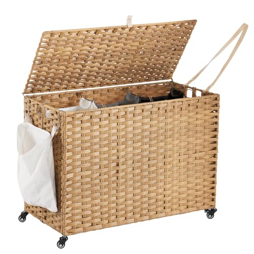 Laundry Hamper with Wheels, 60.72 Gallon(230L) Rolling Laundry Basket with Lid, Removable Large 3 Color Liners & 3 Mesh Laundry Bags, Clothes Hamper with Side Pocket, Natural - color: Natural, size: 35.43"L x 15.75"W x 25.6"H