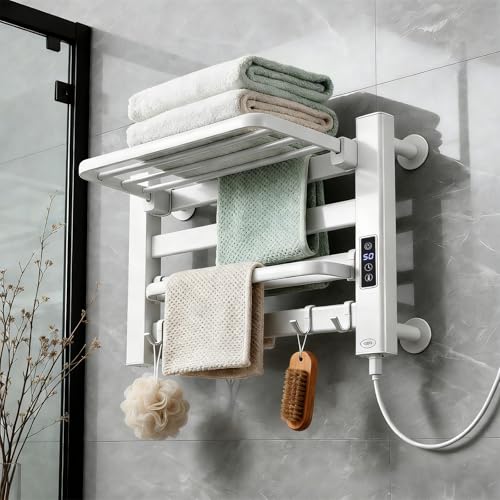 Towel Warmer Rack, Space Aluminum Electric Heated Towel Racks for Bathroom, 4 Bars Wall Mounted Bath Towel Heater with Built-in Timer&Temperature Adjustment, Plug-in, White - color: White