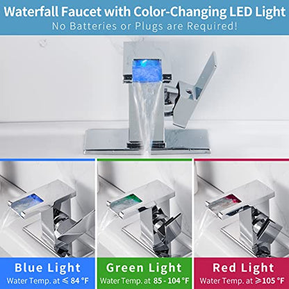 LED Waterfall Faucet, Single Hole Bathroom Sink Faucet with LED Light - color: Chrome